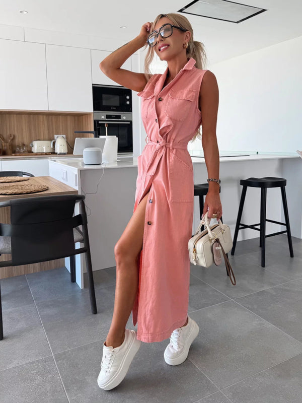 Sleeveless Long Tie Waist Single Breasted Denim Dress