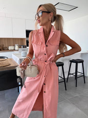 Sleeveless Long Tie Waist Single Breasted Denim Dress