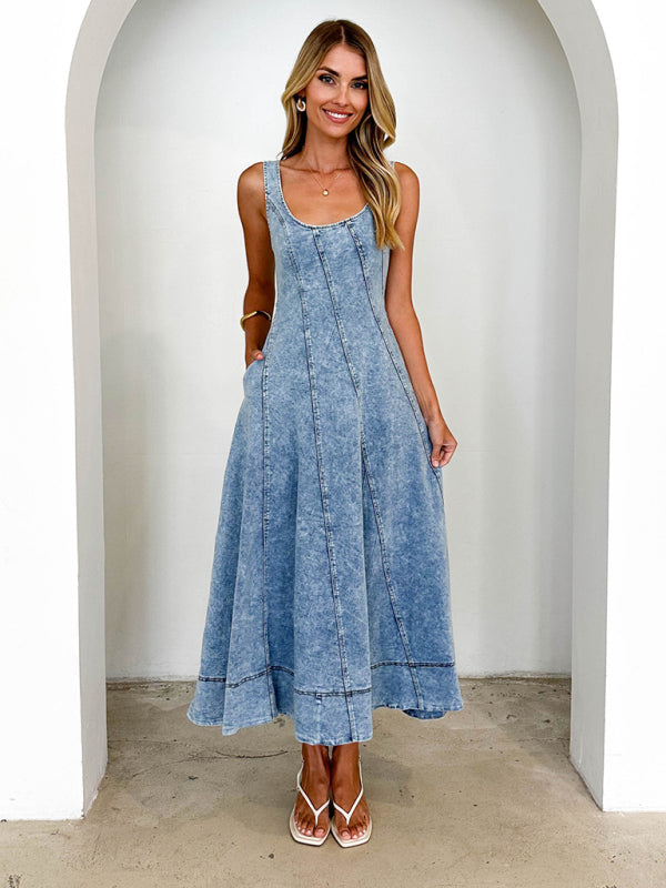 Sleeveless Backless Midi Strap Long Denim Dress