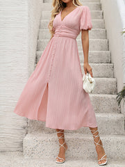 Textured fabric V-neck slit dress