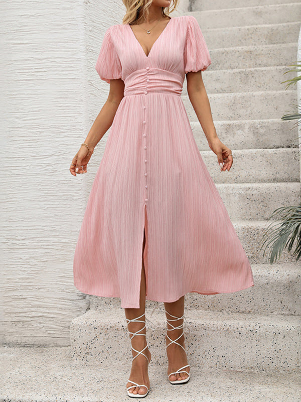 Textured fabric V-neck slit dress