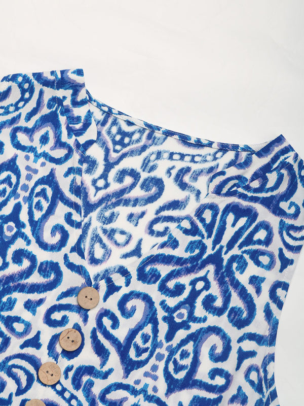 V-neck button print sleeveless casual dress