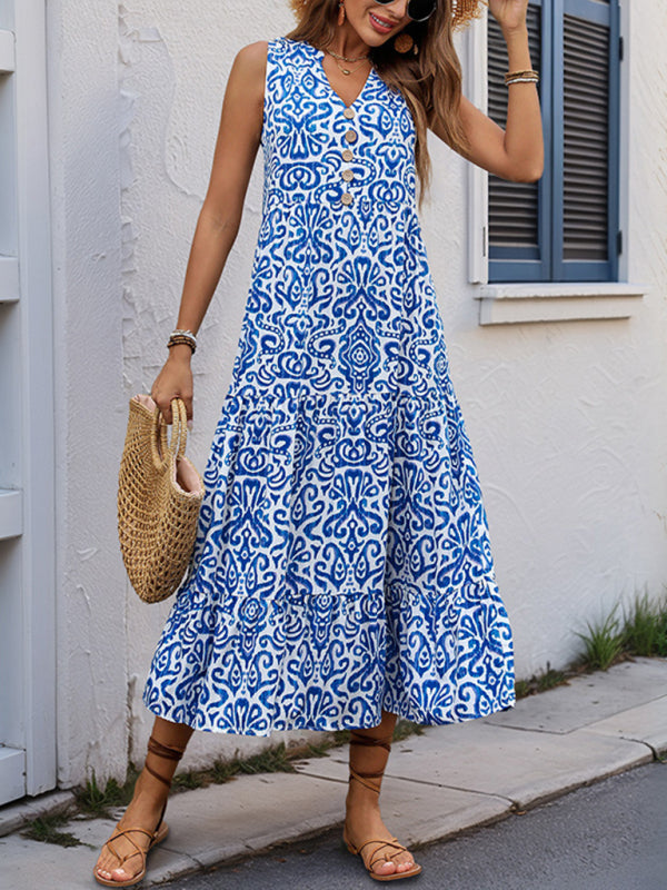 V-neck button print sleeveless casual dress