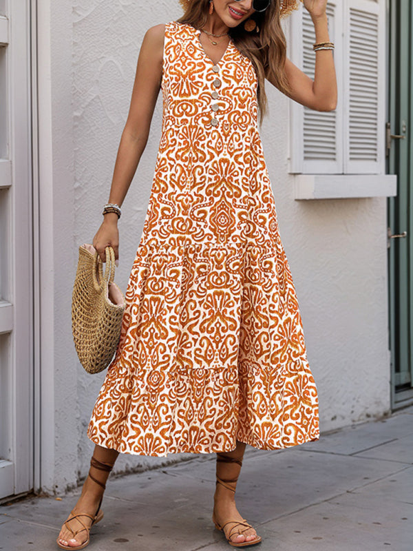 V-neck button print sleeveless casual dress