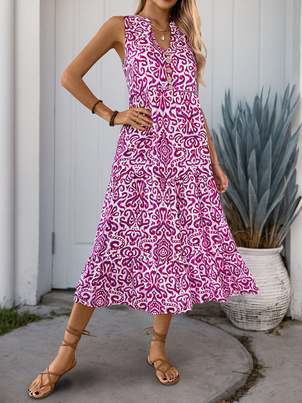 V-neck button print sleeveless casual dress