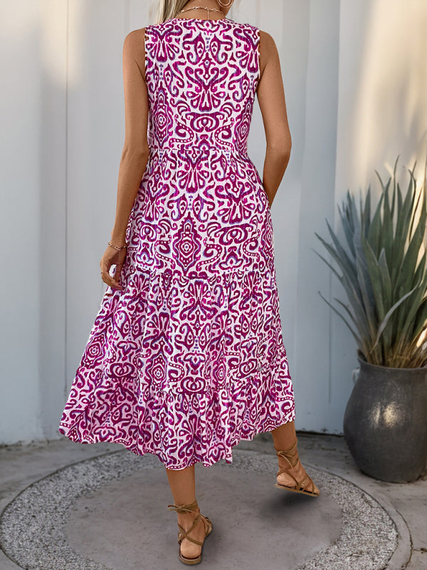 V-neck button print sleeveless casual dress