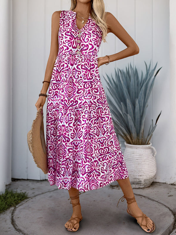 V-neck button print sleeveless casual dress