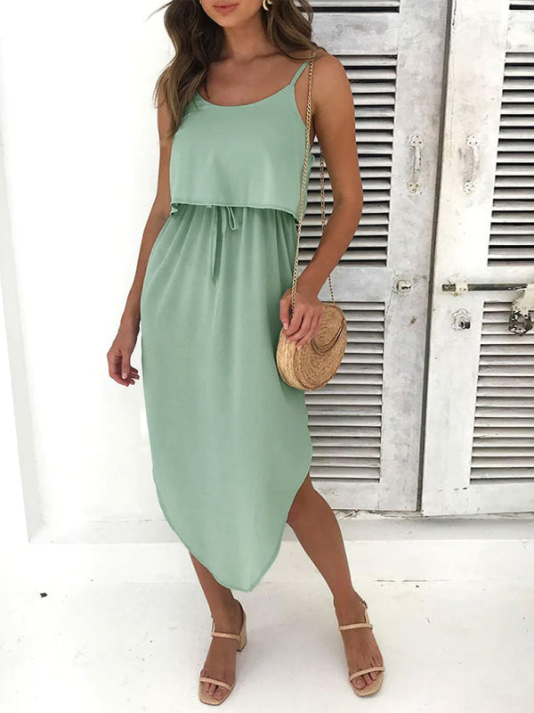 Casual solid color irregular slit suspender skirt high waist fake two piece dress