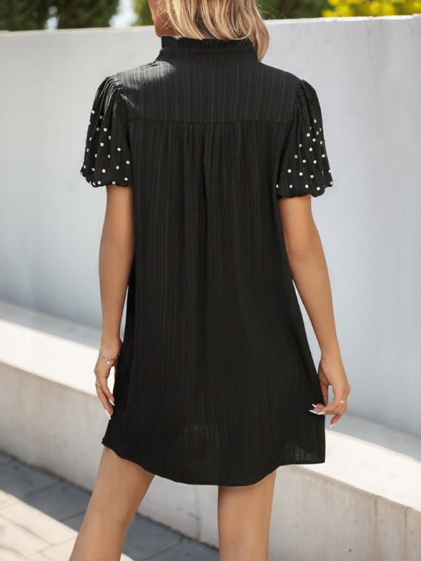 Beaded Lantern Sleeves Simple Black Dress