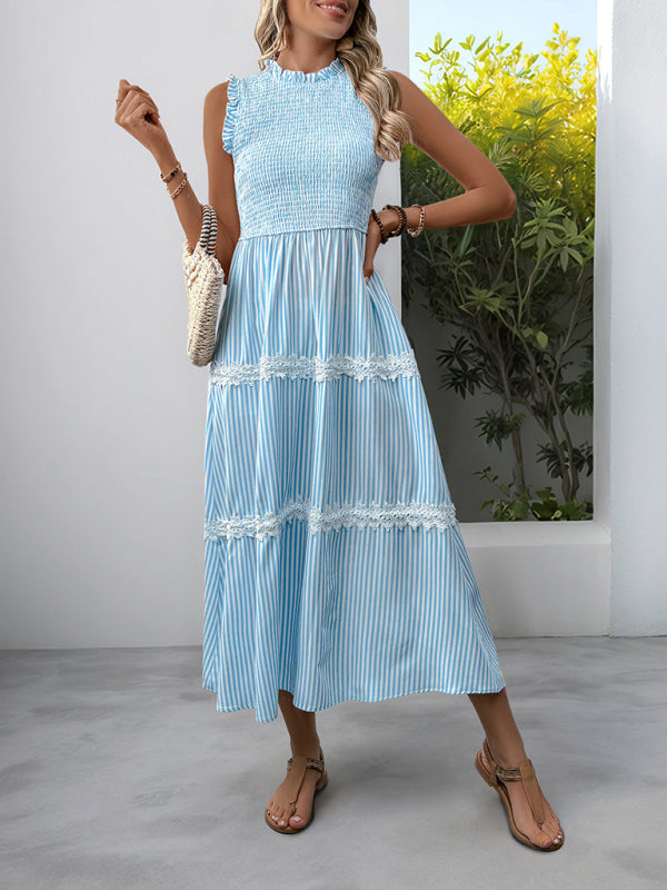 Ruffled Round Neck Sleeveless Vest Striped Dress