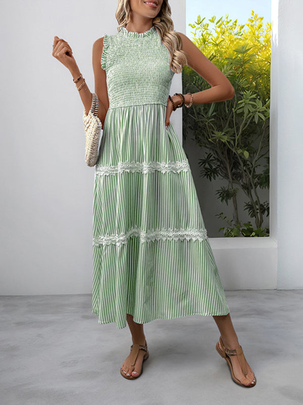 Ruffled Round Neck Sleeveless Vest Striped Dress
