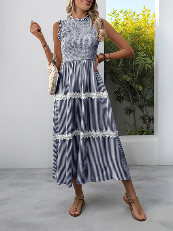 Ruffled Round Neck Sleeveless Vest Striped Dress