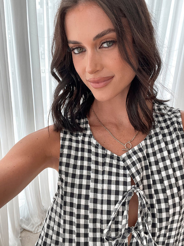 Plaid vest V-neck lace-up dress