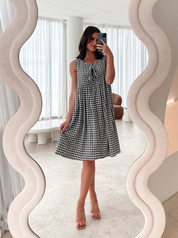 Plaid vest V-neck lace-up dress