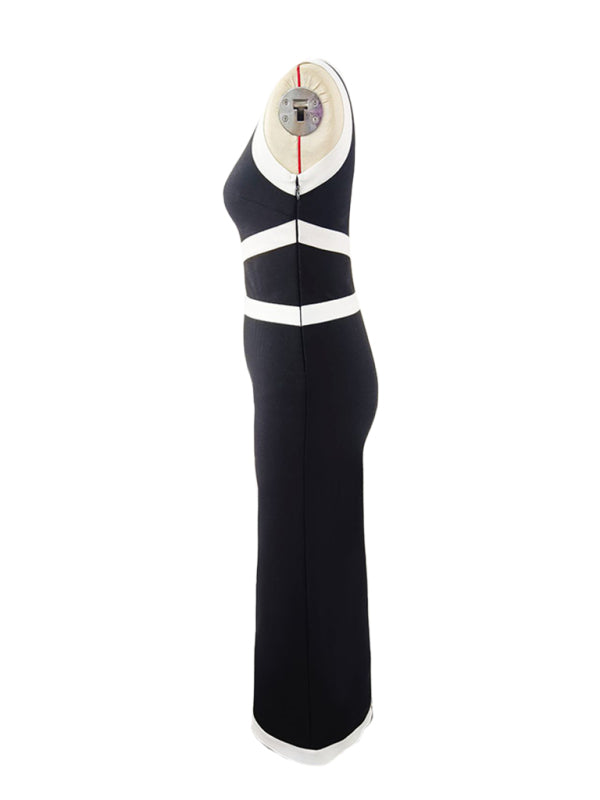 One-shoulder colorblock maxi dress with waist bandage dress for party banquet