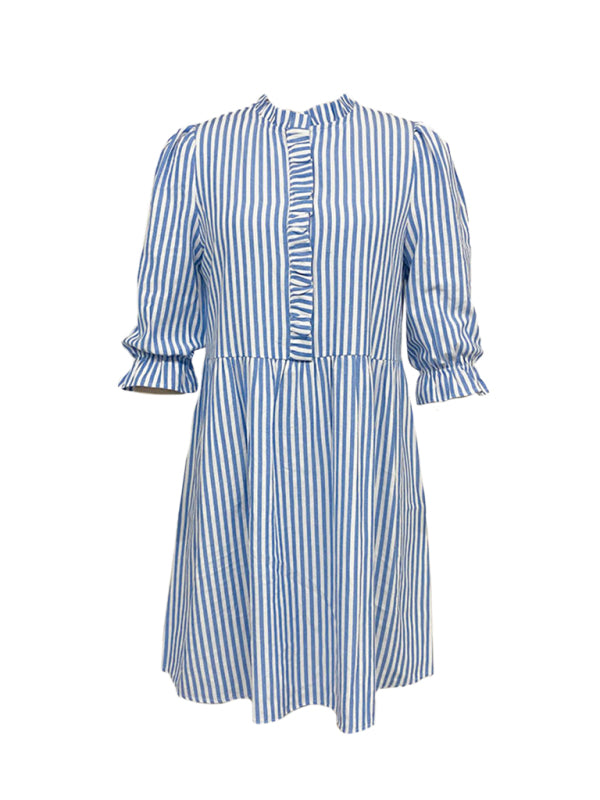 Puff Sleeve Stand Collar Striped Dress