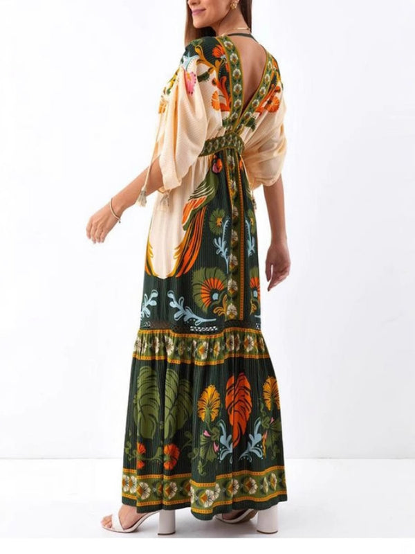 V-neck retro ethnic style positioning print linen dress