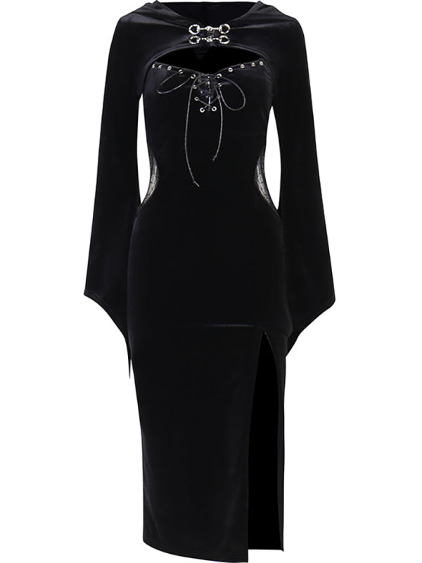 Halloween Hooded Flare Sleeve Spider Web Dress