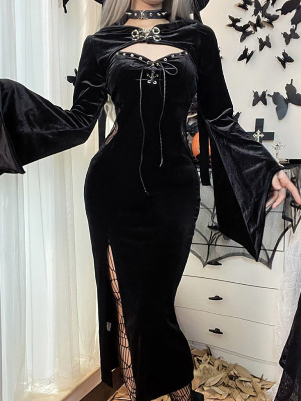 Halloween Hooded Flare Sleeve Spider Web Dress