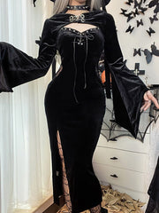 Halloween Hooded Flare Sleeve Spider Web Dress