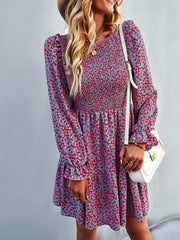 Round neck floral dress long-sleeved all-match A-line skirt
