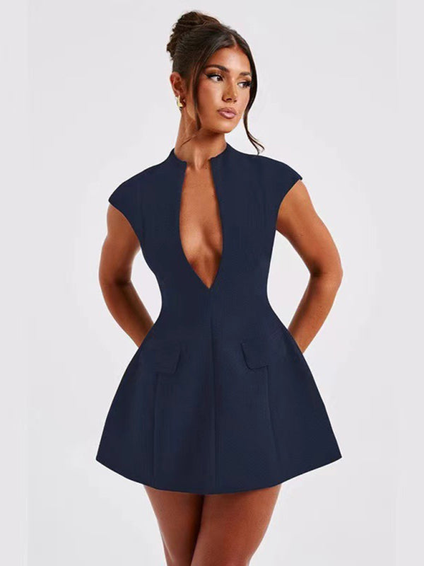 solid color pocket sleeveless sexy V-neck high waist short dress