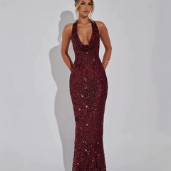 Sequin Cowl Neckline Halter Slim Fit Maxi Dresses - Orange