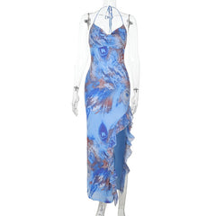 Floral Print Strapless Cutout Bodycon Maxi Dresses Blue