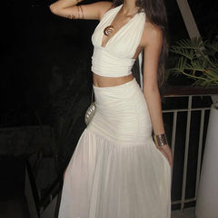 Drop Shoulder Corset Semi Sheer Slit Maxi Skirt 2pcs Set - Beige