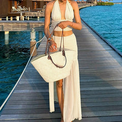 Drop Shoulder Corset Semi Sheer Slit Maxi Skirt 2pcs Set - Beige