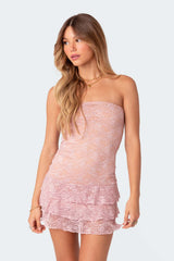 Jacquard Lace Strapless Slim Fit Tiered Hem Mini Dresses