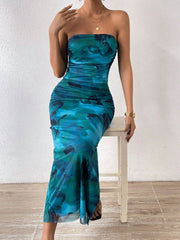 Floral Print Strapless Slit Hem Mesh Maxi Dresses - Blue Pre Order