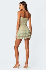 Jacquard Lace Strapless Slim Fit Tiered Hem Mini Dresses