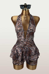 Leopard Print Halter Neck Cutout Ruffled Mini Dresses - Brown