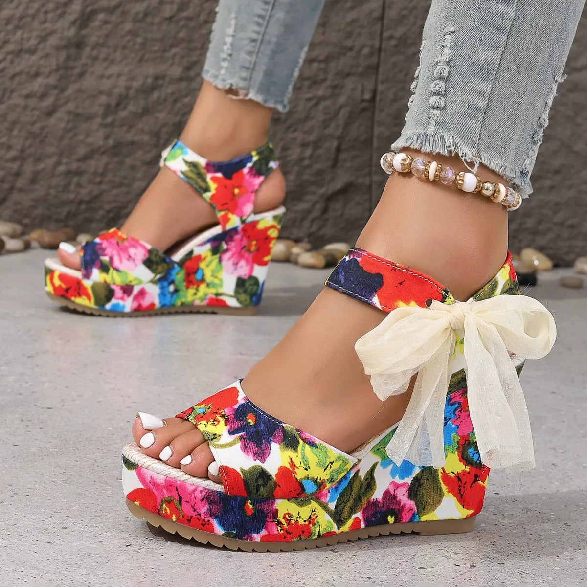 Printed Tropical Style Platform Sandals