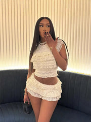 Hollow-Out Pleated Mini Skirt Suit