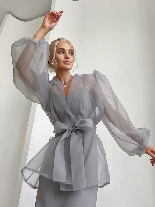 Lantern sleeve see-through top