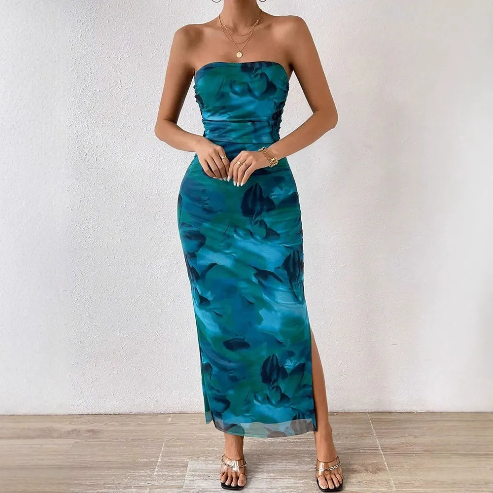 Floral Print Strapless Slit Hem Mesh Maxi Dresses - Blue Pre Order