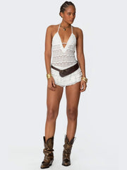 Plunge Neck Ruffled Backless Skort Design Cami Playsuit Romper - Black Pre Order