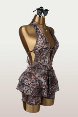 Leopard Print Halter Neck Cutout Ruffled Mini Dresses - Brown