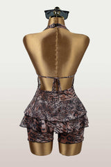 Leopard Print Halter Neck Cutout Ruffled Mini Dresses - Brown