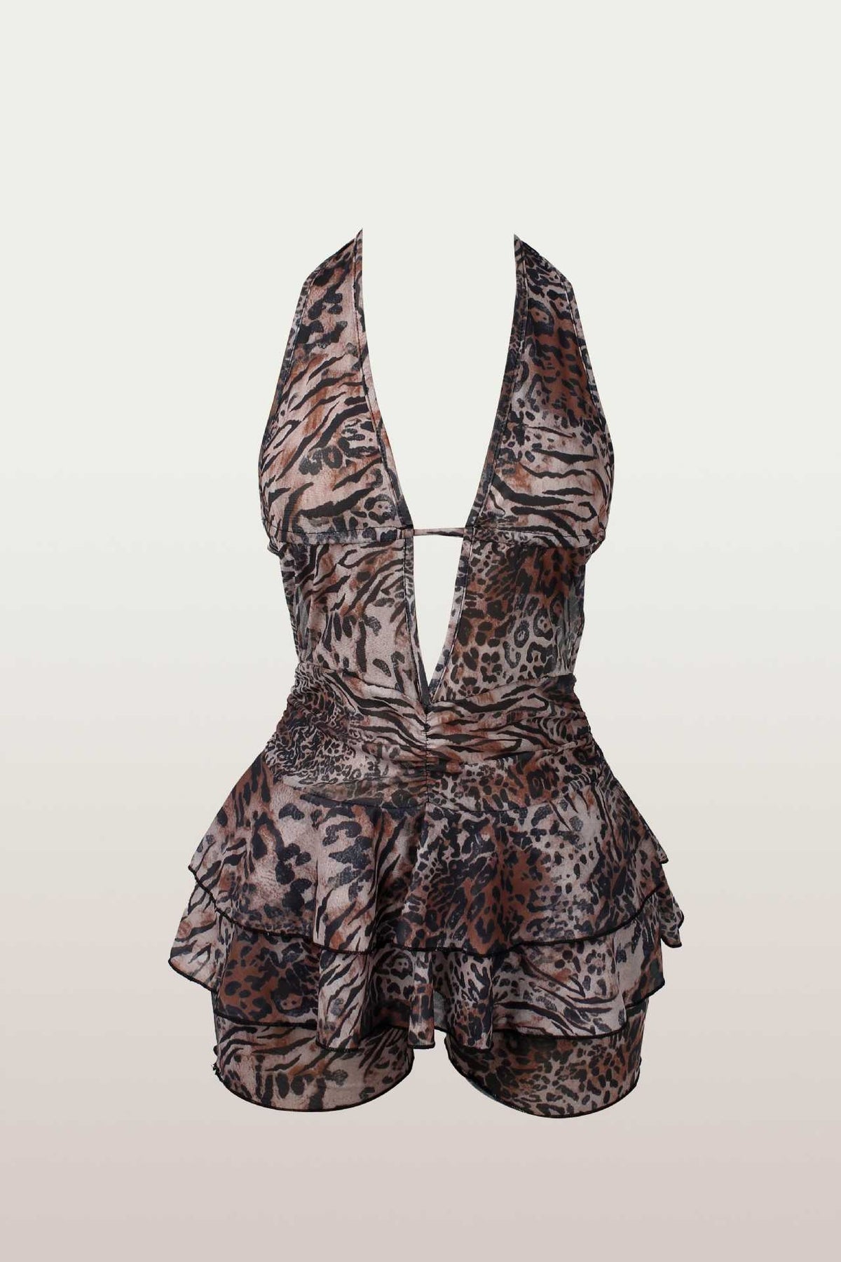 Leopard Print Halter Neck Cutout Ruffled Mini Dresses - Brown