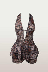 Leopard Print Halter Neck Cutout Ruffled Mini Dresses - Brown