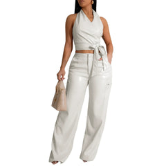 Irregular Crop Cami Cutout Straight Leg Pants 2pcs Set - Black Pre Order