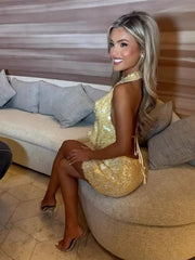 Halter Cutout Streamer Sequin Bodycon Textured Mini Dresses