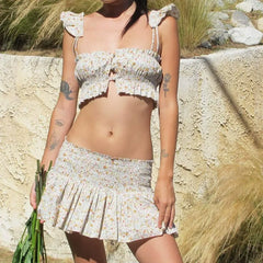 Layered Ruffled Tie Up Crop Cami Sash Mini Skirt 2pcs Set - Beige