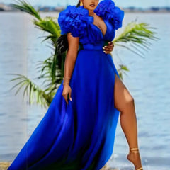 V Neck Tulle Ruffle Maxi Dress