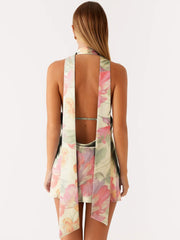 Metal Decor Plunge Neck Halter Floral Print Mini Dresses - Pink