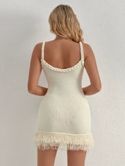 Crochet Slim Fit Fringed Hemline Slip Mini Dresses - Khaki