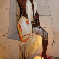 Halter-neck open-back V-neck maxi dress with fringe